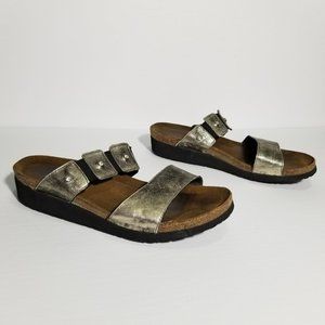 Naot Metallic Leather Jewelled 2 Strap Slip On Low Heel Sandals
